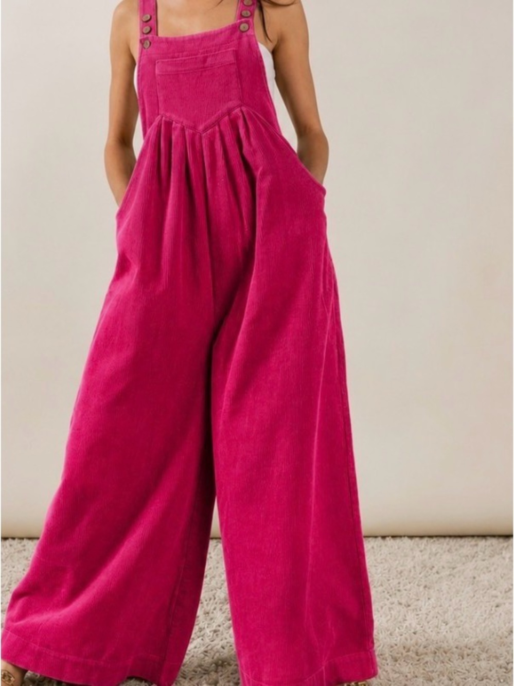 Bright Pink Wide-Leg Corduroy Jumpsuit